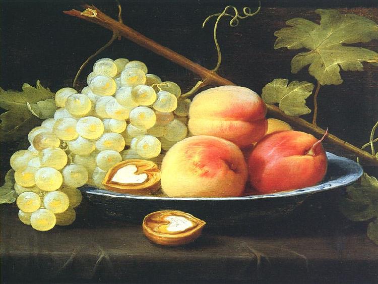 Jacob van Es Nature morte aux peches, raisins et noix sur un entablement Germany oil painting art